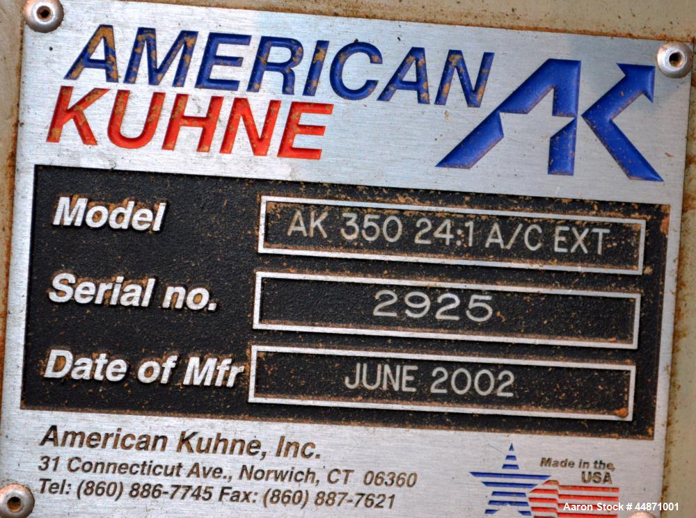 Used American Kuhne 3-1/2" Single Screw Extruder, Model AK 350 24:1 A/C EXT.  Approximately 24 to 1 L/D ratio. Electrically heated, air cooled 4 zone non-vented barrel, water cooled feed throat with ...