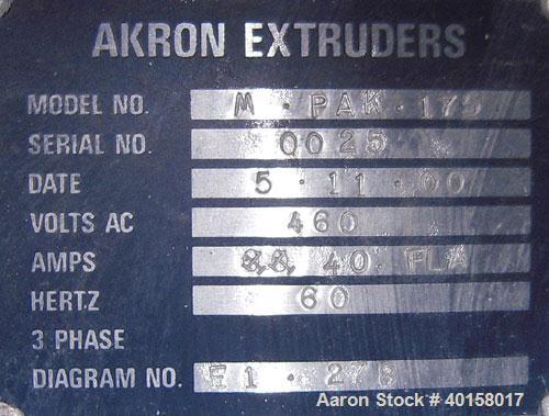 Used Akron 1 3/4" Single Screw Extruder, Model M-PAK175, approximate 24 to 1 L/D ratio. Electrically heated, air cooled 3 zone non-vented barrel. Water cooled feed throat with a lump breaker, no hopp...