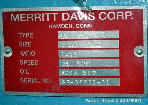 Used Merritt Davis 3-1/2” Single Screw, Model A/C MX R.H. Approximate 24 to 1 L/D ratio. Electrically heated, air cooled 5 zone non-vented barrel, approximate 42" centerline height. Water cooled feed...
