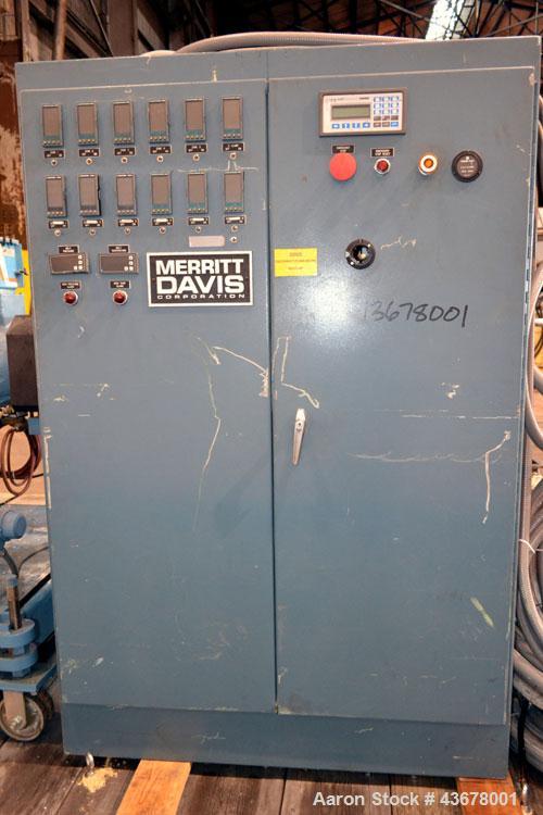 Used Merritt Davis 3-1/2” Single Screw, Model A/C MX R.H. Approximate 24 to 1 L/D ratio. Electrically heated, air cooled 5 zone non-vented barrel, approximate 42" centerline height. Water cooled feed...