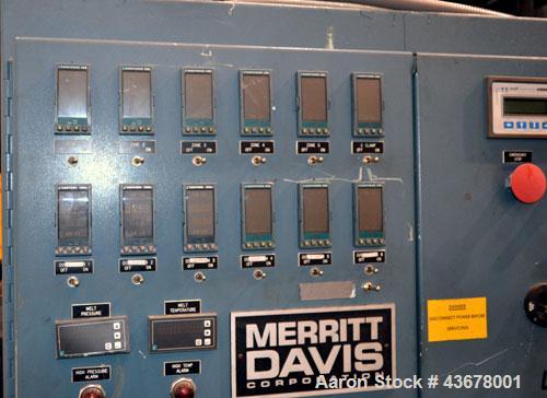 Used Merritt Davis 3-1/2” Single Screw, Model A/C MX R.H. Approximate 24 to 1 L/D ratio. Electrically heated, air cooled 5 zone non-vented barrel, approximate 42" centerline height. Water cooled feed...