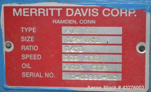 Used Merritt Davis 1-1/2” Single Screw, Model A/C MX. Approximate 24 to 1 L/D ratio. Electrically heated, air cooled 4 zone non-vented barrel, approximate 42" centerline height. Water cooled feed thr...