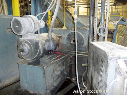 Used Merritt Davis 8" Hot Feed Extruder, approximate 12 to 1 L/D ratio. Electrically heated, water cooled. Vented/plugged barrel, 103’’ long. Oversize feed throat, 34’’ x 29’’ with a ram assist. Extr...