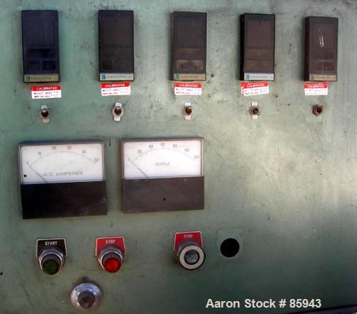 Used Munchy 4" Tapered to 2" Single Screw Extruder, Approximate 8:1 L/D Ratio. Electrically heated, air cooled, non-vented barrel. Feed throat with ram feeder driven by an 11 KW (15 HP) motor thru a ...