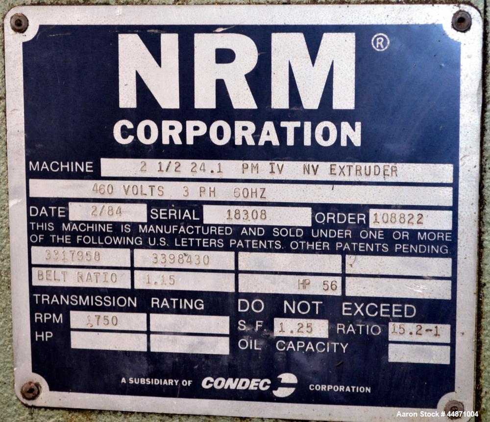 Used NRM Pacemaker IV 2-1/2" Single Screw Extruder, Model 2.5-24.1-PMIV-NV-EX