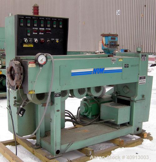 Used NRM 2 1/2" Single Screw Extruder, Model 2.5-24:1 PMIVRH/ACNVTD. Approximate 24:1 L/D ratio. Eletrically heated, air cooled 4 zone non-vented barrel. Water cooled feed throat, no hopper. Approxim...