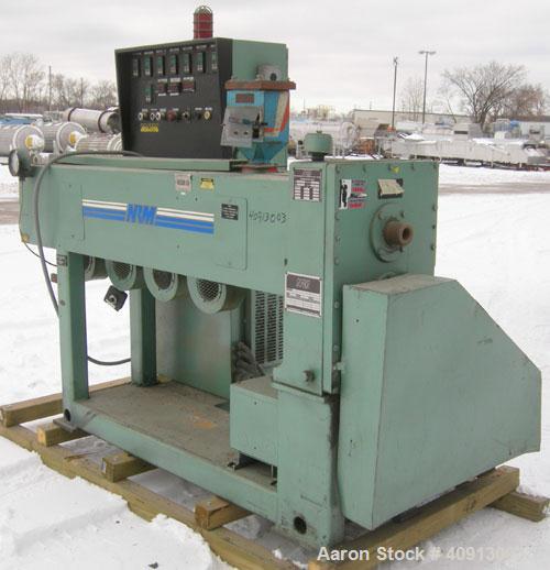 Used NRM 2 1/2" Single Screw Extruder, Model 2.5-24:1 PMIVRH/ACNVTD. Approximate 24:1 L/D ratio. Eletrically heated, air cooled 4 zone non-vented barrel. Water cooled feed throat, no hopper. Approxim...