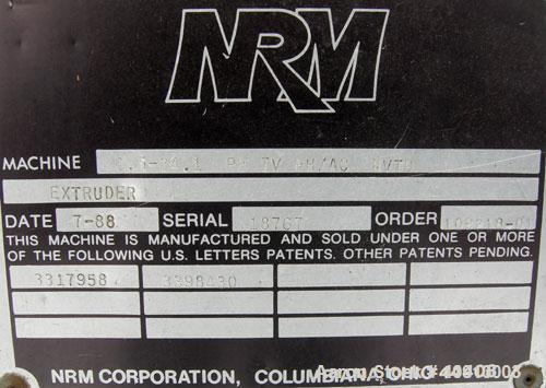 Used NRM 2 1/2" Single Screw Extruder, Model 2.5-24:1 PMIVRH/ACNVTD. Approximate 24:1 L/D ratio. Eletrically heated, air cooled 4 zone non-vented barrel. Water cooled feed throat, no hopper. Approxim...