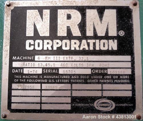 Used NRM Pacemaker 6" Single Screw Extruder, Model 6 PM III. 32 to 1 L/D Ratio. Electrically heated, water cooled 7 zone side vented barrel with a pump, tank, and heat exchanger. Water cooled feed th...