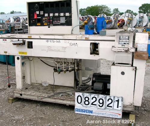 USED: NRM 2-1/2" single screw extruder, model Pacemaker III. Approx 30:1 L/D ratio, requires screw. Electrically heated, water cooled (no system), 4 zone non-vented barrel. Water cooled feed throat, ...