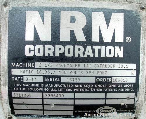 USED: NRM 2-1/2" single screw extruder, model Pacemaker III. Approx 30:1 L/D ratio, requires screw. Electrically heated, water cooled (no system), 4 zone non-vented barrel. Water cooled feed throat, ...