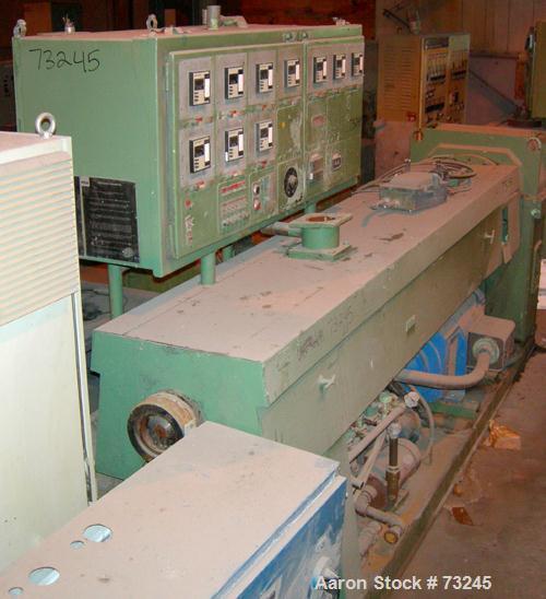 USED: NRM 4-1/2" single screw extruder, model PM70. 24:1 L/D ratio. Approx 6 zone top vented barrel, electrically heated, water cooled, with pump and tank. Water cooled feed throat. Approximate 42" c...