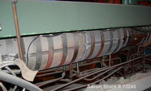 USED: NRM 4-1/2" single screw extruder, model PM70. 24:1 L/D ratio. Approx 6 zone top vented barrel, electrically heated, water cooled, with pump and tank. Water cooled feed throat. Approximate 42" c...