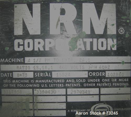 USED: NRM 4-1/2" single screw extruder, model PM70. 24:1 L/D ratio. Approx 6 zone top vented barrel, electrically heated, water cooled, with pump and tank. Water cooled feed throat. Approximate 42" c...