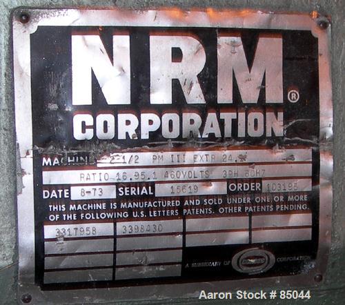 USED: NRM Pacemaker III 2.5" single screw extruder, model PMIII. Approx 24:1 L/D ratio. Electrically heated, air cooled 4 zone non-vented barrel, water cooled feed throat with hopper. Driven by a 40 ...