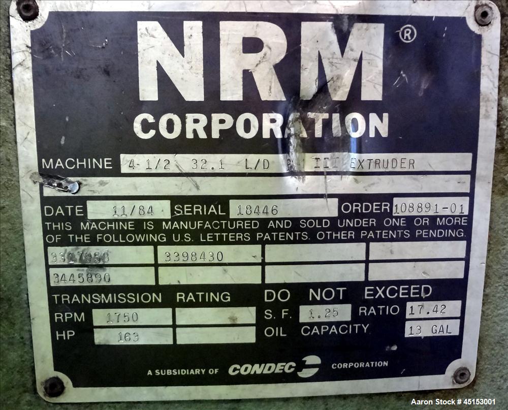 Used NRM Pacemaker III 4-1/2" Single Screw Extruder