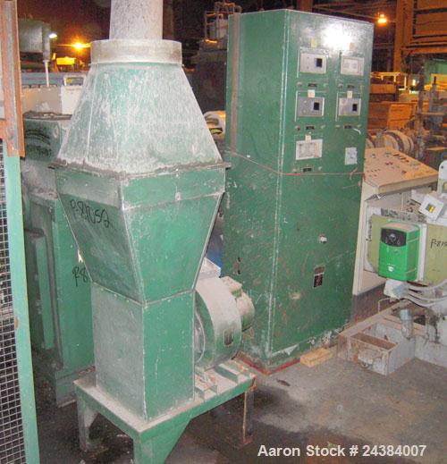 Used NRM/Bridge 4-1/2" single screw extruder, 30:1 L/D ratio. 6 zone, non-vented barrel. Electrically heated, water cooled (no system). Water cooled feed throat with hopper. Driven by an approximate ...