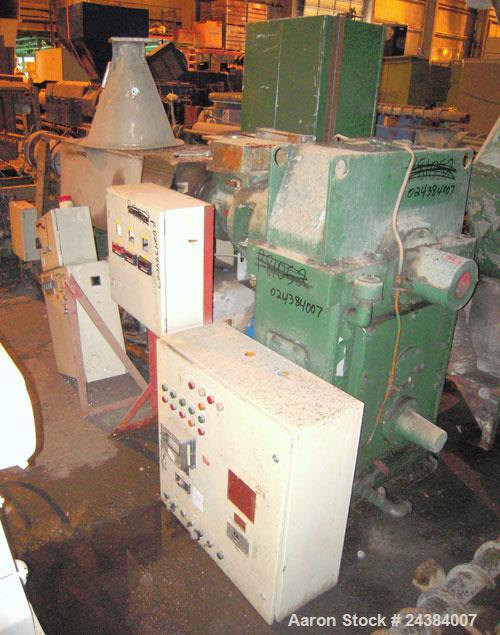 Used NRM/Bridge 4-1/2" single screw extruder, 30:1 L/D ratio. 6 zone, non-vented barrel. Electrically heated, water cooled (no system). Water cooled feed throat with hopper. Driven by an approximate ...