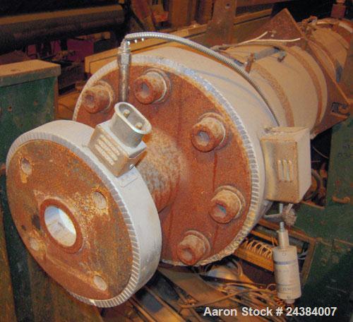 Used NRM/Bridge 4-1/2" single screw extruder, 30:1 L/D ratio. 6 zone, non-vented barrel. Electrically heated, water cooled (no system). Water cooled feed throat with hopper. Driven by an approximate ...