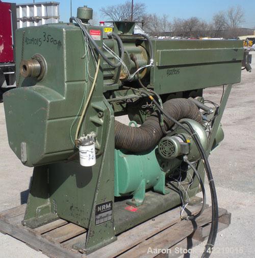 Used NRM Pacemaker 2-1/2" Single Screw Extruder. Approximately 24 to 1 L/D ratio. Electrically heated, air cooled 3 zone non-vented barrel. Water cooled feed throat, no hopper. Approximate 42" center...
