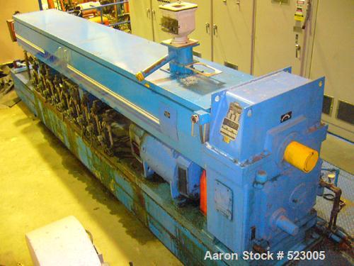 USED: NRM 6" extruder, 32:1 L/D ratio having an electrically heated, liquid cooled (closed loop) barrel at 42-1/2" centerline height but currently mounted on movable base supplying total 84" centerli...