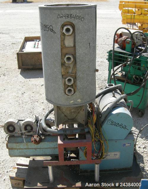 Used Baughan Stroud 1" Diameter Single Screw Extruder, Model 3500/CL. Approximately 24:1 L/D ratio. 3 zone non-vented barrel, electrically heated, air cooled. Water cooled feed throat with hopper. Dr...