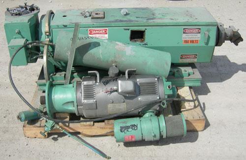 Used: 1-1/2" single screw co-extruder, driven by a 10 hp DC gearmotor and a control panel with an Emerson electrostat drive. Reportedly built 1989.
