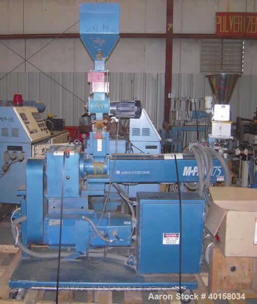 Used Akron 1 3/4" Single Screw Extruder, Model M-PAK175, approximately 24 to 1 L/D ratio. Electrically heated, air cooled 3 zone non-vented barrel. Water cooled feed throat with a lump breaker, no ho...