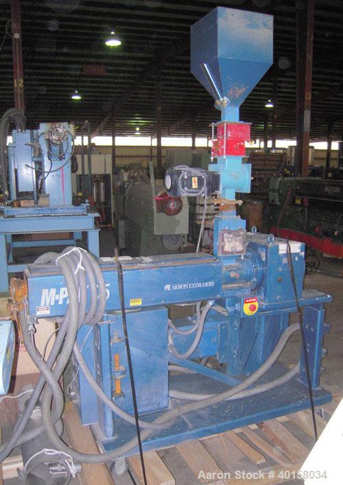 Used Akron 1 3/4" Single Screw Extruder, Model M-PAK175, approximately 24 to 1 L/D ratio. Electrically heated, air cooled 3 zone non-vented barrel. Water cooled feed throat with a lump breaker, no ho...