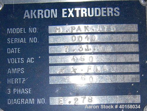 Used Akron 1 3/4" Single Screw Extruder, Model M-PAK175, approximately 24 to 1 L/D ratio. Electrically heated, air cooled 3 zone non-vented barrel. Water cooled feed throat with a lump breaker, no ho...