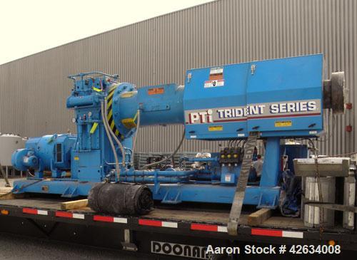 Used PTI 10" Trident Series Single Screw Extruder, Model 10000. Approximate 10 to 1 L/D ratio. 3 Zone electrically heated, water cooled non-vented barrel. Closed loop system with pump, tank and heat ...