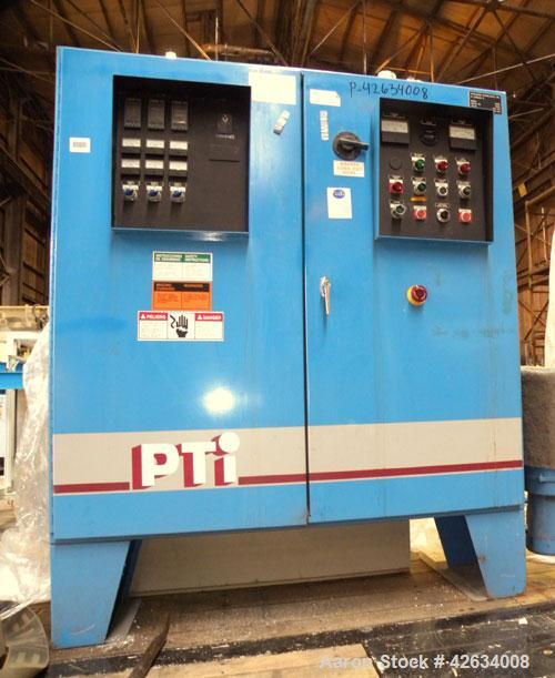 Used PTI 10" Trident Series Single Screw Extruder, Model 10000. Approximate 10 to 1 L/D ratio. 3 Zone electrically heated, water cooled non-vented barrel. Closed loop system with pump, tank and heat ...