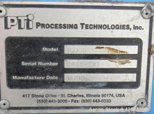 Used PTI 10" Trident Series Single Screw Extruder, Model 10000. Approximate 10 to 1 L/D ratio. 3 Zone electrically heated, water cooled non-vented barrel. Closed loop system with pump, tank and heat ...