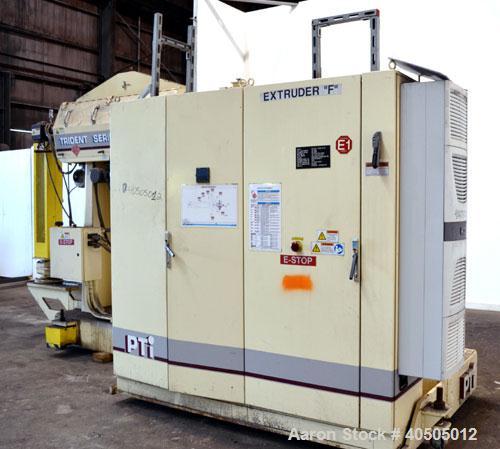Used PTI Processing Technologies 2-1/2” Trident Series Single Screw Extruder, Model 2500. Approximate 32 to 1 L/D ratio. 5 Zone non-vented barrel electrically heated, air cooled. Water cooled feed th...