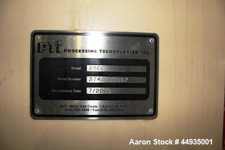 Used PTI 2.5" Diameter Single Screw Extruder, Model 2500.  Approximately 30 to 1 L/D ratio.  Electrically heated, air cooled 5 zone barrel.  Approximately 89” centerline height.  Driven by a 5 hp AC ...