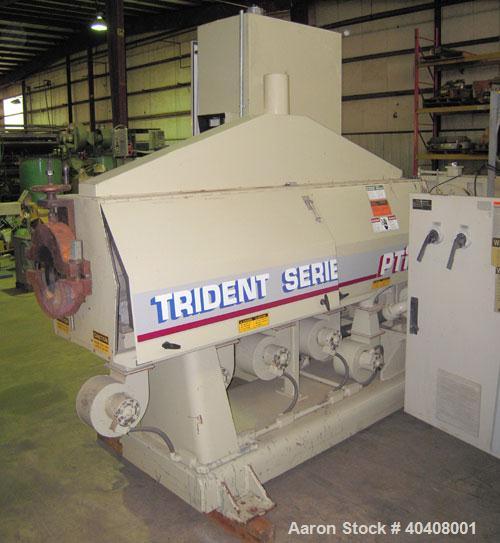 Used PTI 3.5" Trident Series Single Screw Extruder, Model 3500. Approximate 30 to 1 L/D ratio. 5 zone electrically heated, air cooled non-vented barrel. Water cooled feed throat, with hopper. Approxi...