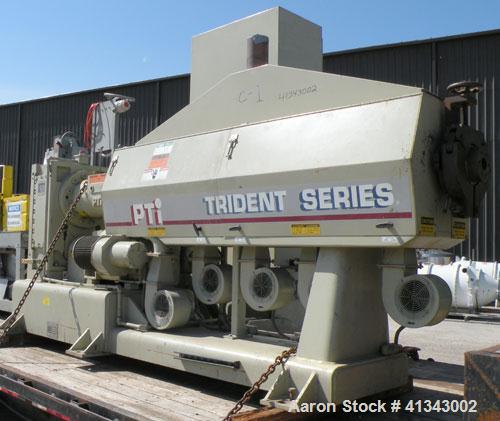 Used PTI 3.5" Trident Series Single Screw Extruder, Model 3500. 30 to 1 L/D ratio. Barrel measures 107" from back of feed throat to end of barrel. 5 zone electrically heated, air cooled, non-vented b...