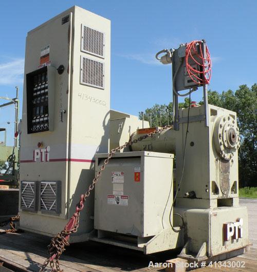 Used PTI 3.5" Trident Series Single Screw Extruder, Model 3500. 30 to 1 L/D ratio. Barrel measures 107" from back of feed throat to end of barrel. 5 zone electrically heated, air cooled, non-vented b...