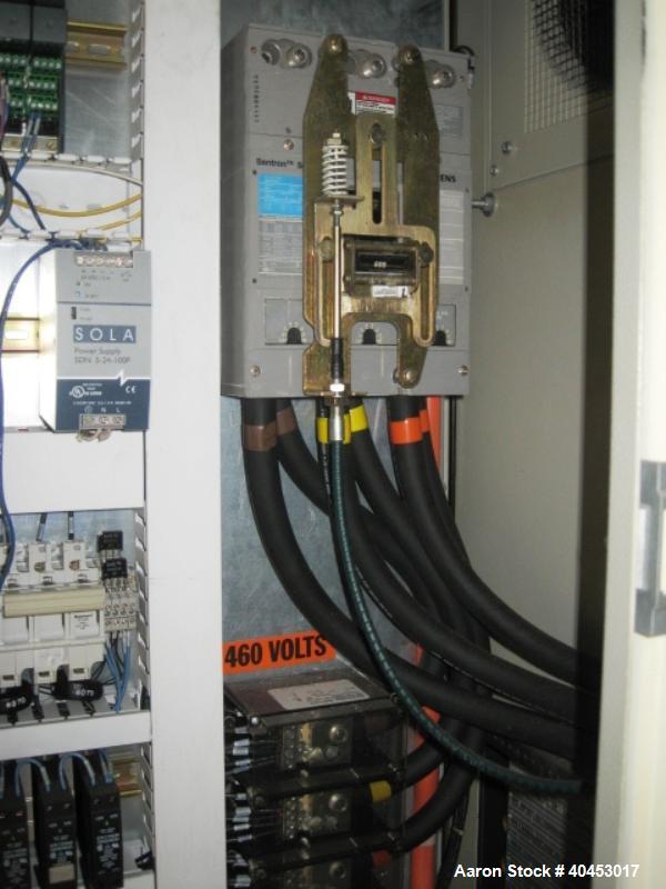 Used PTI model 5000 Trident series 5", 28:1 extruder having a 5-zone electrically heated, air cooled barrel at approximately a 55" centerline height. Gearbox is a Flenders type SZNF-320, has a reduct...