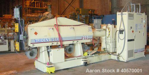 Used PTI  5" Trident Series Single Screw Extruder, Model 5000. Approximate 28 to 1 L/D ratio. 5 zone electrically heated, air cooled, non-vented barrel. Water cooled feed throat, no hopper. Approxima...