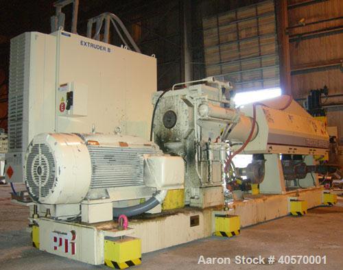 Used PTI  5" Trident Series Single Screw Extruder, Model 5000. Approximate 28 to 1 L/D ratio. 5 zone electrically heated, air cooled, non-vented barrel. Water cooled feed throat, no hopper. Approxima...