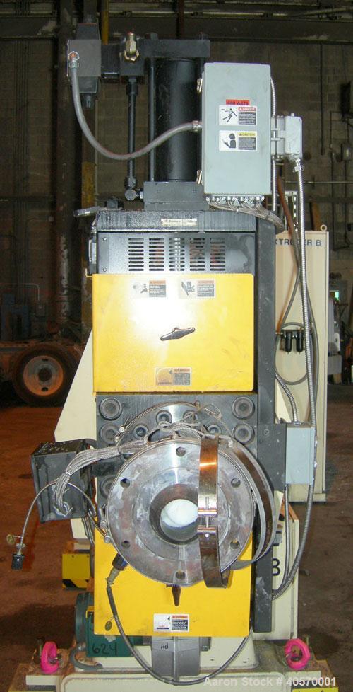 Used PTI  5" Trident Series Single Screw Extruder, Model 5000. Approximate 28 to 1 L/D ratio. 5 zone electrically heated, air cooled, non-vented barrel. Water cooled feed throat, no hopper. Approxima...
