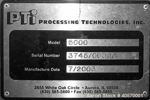 Used PTI  5" Trident Series Single Screw Extruder, Model 5000. Approximate 28 to 1 L/D ratio. 5 zone electrically heated, air cooled, non-vented barrel. Water cooled feed throat, no hopper. Approxima...