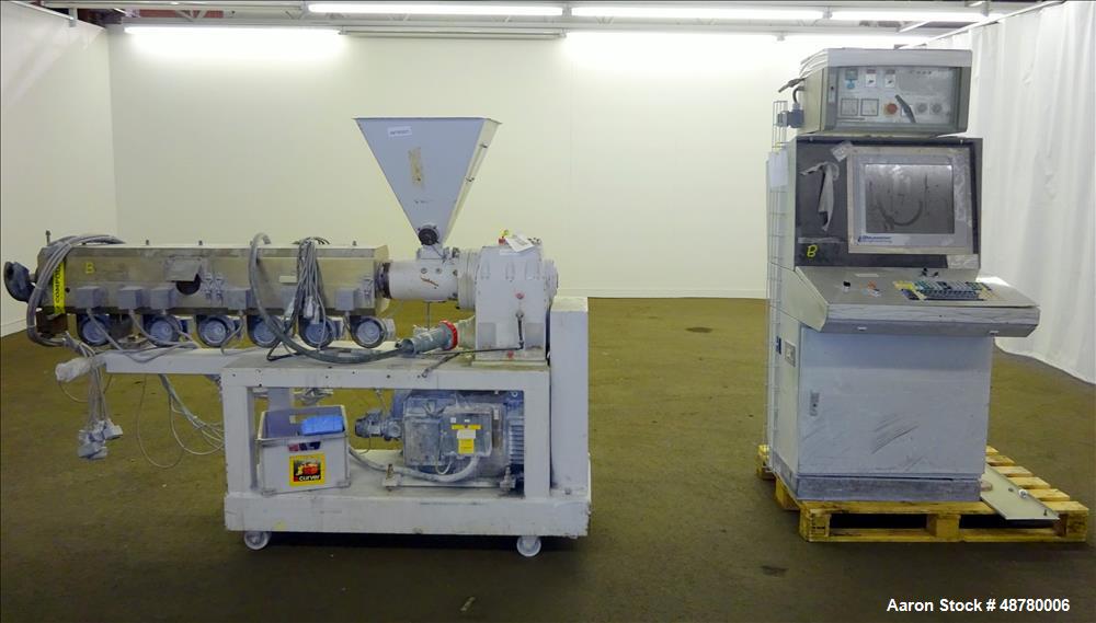 Used Paul Muller Single Screw Extruder, Model Elek 45-36D, 45 mm (1.75") Diameter Screw, 36:1 L/D Ratio. Approximate 71" long x 42.5" center line height. (6) Barrel sections, electrically heated, wat...