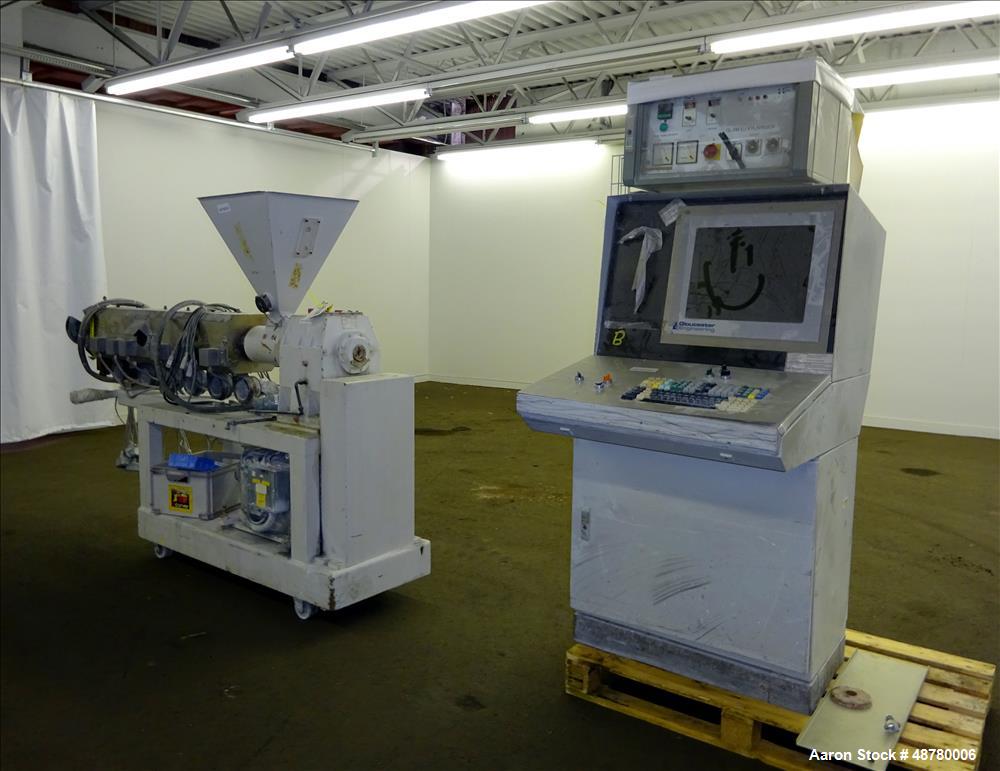 Used Paul Muller Single Screw Extruder, Model Elek 45-36D, 45 mm (1.75") Diameter Screw, 36:1 L/D Ratio. Approximate 71" long x 42.5" center line height. (6) Barrel sections, electrically heated, wat...