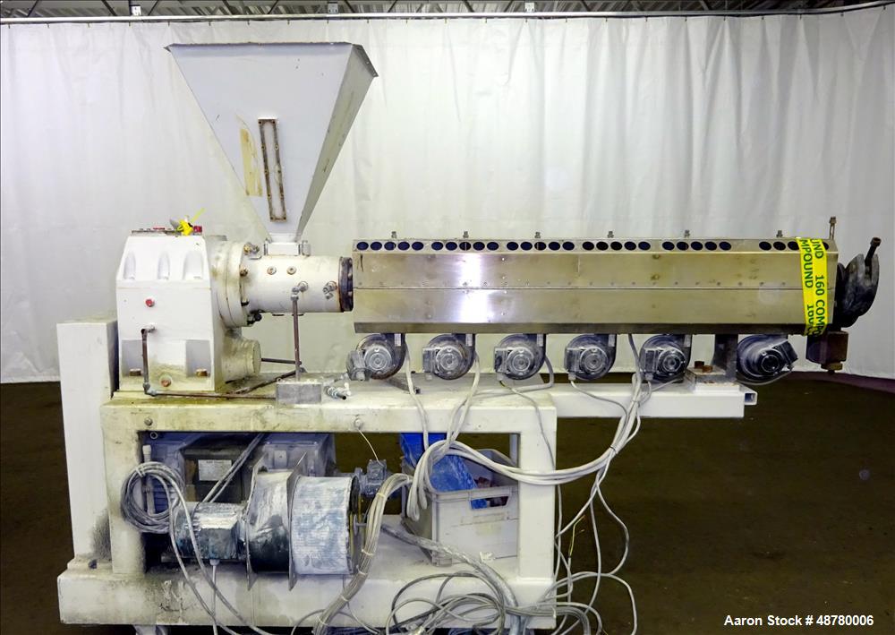 Used Paul Muller Single Screw Extruder, Model Elek 45-36D, 45 mm (1.75") Diameter Screw, 36:1 L/D Ratio. Approximate 71" long x 42.5" center line height. (6) Barrel sections, electrically heated, wat...