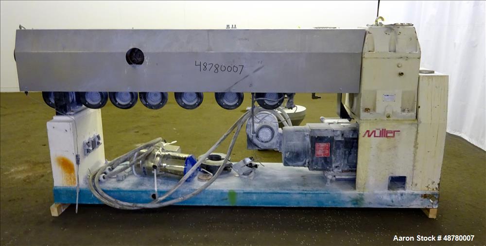 Used Paul Muller single screw extruder, type ELEK 60-36D. 2.34" (60 mm) dia. 36:1 L/D. (8) Total zones (7) barrel zones, electrically heated, air cooled (1) water cooled feed throat. Approximate 91" ...