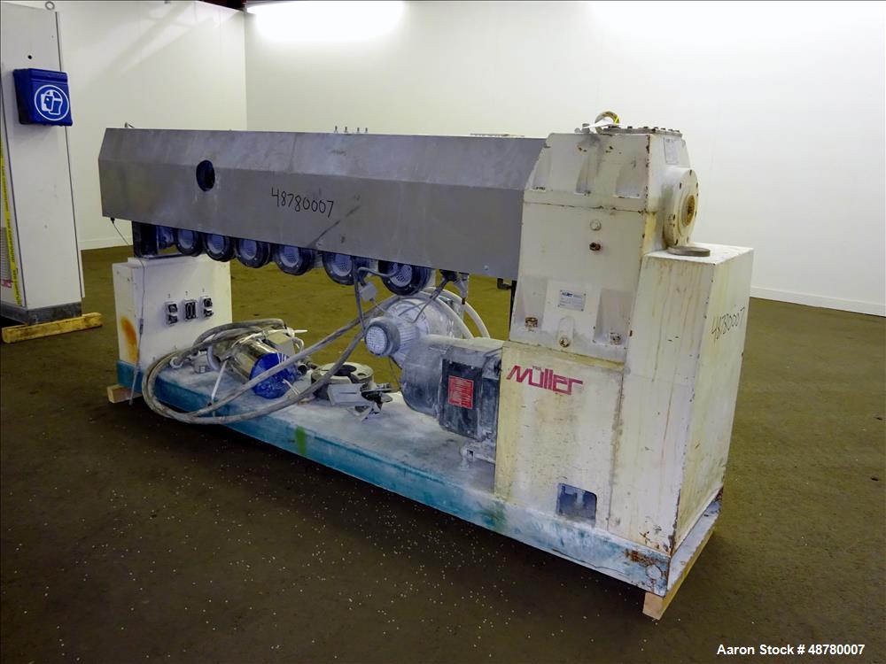 Used Paul Muller single screw extruder, type ELEK 60-36D. 2.34" (60 mm) dia. 36:1 L/D. (8) Total zones (7) barrel zones, electrically heated, air cooled (1) water cooled feed throat. Approximate 91" ...