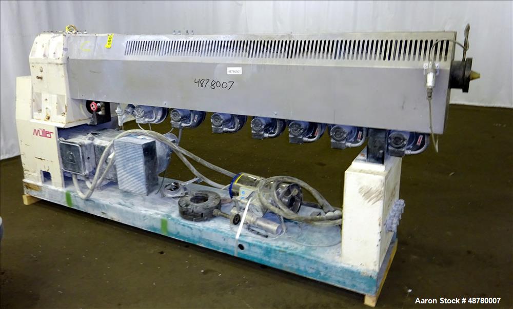 Used Paul Muller single screw extruder, type ELEK 60-36D. 2.34" (60 mm) dia. 36:1 L/D. (8) Total zones (7) barrel zones, electrically heated, air cooled (1) water cooled feed throat. Approximate 91" ...