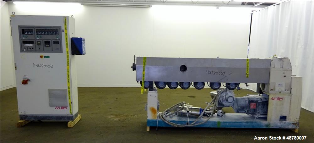 Used Paul Muller single screw extruder, type ELEK 60-36D. 2.34" (60 mm) dia. 36:1 L/D. (8) Total zones (7) barrel zones, electrically heated, air cooled (1) water cooled feed throat. Approximate 91" ...